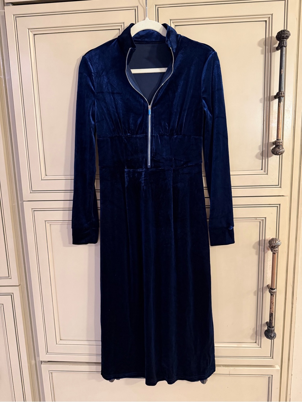 Women's Navy Blue Soft comfortable Velvety Zip-Front Midi long sleeve Dress Sz M